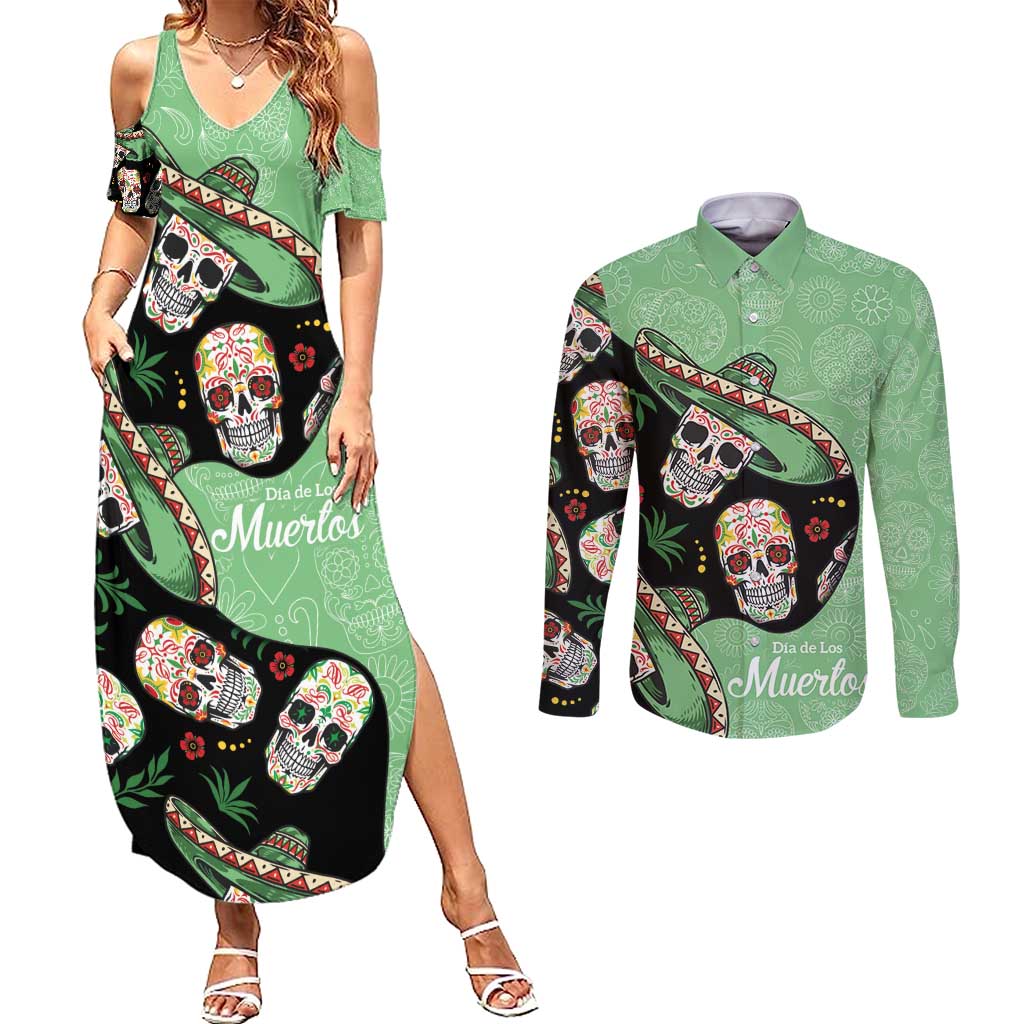 Mexican Sugar Skull Personalized Couples Matching Summer Maxi Dress and Long Sleeve Button Shirt Dia de Los Muertos Vibe LT9 - Wonder Print Shop