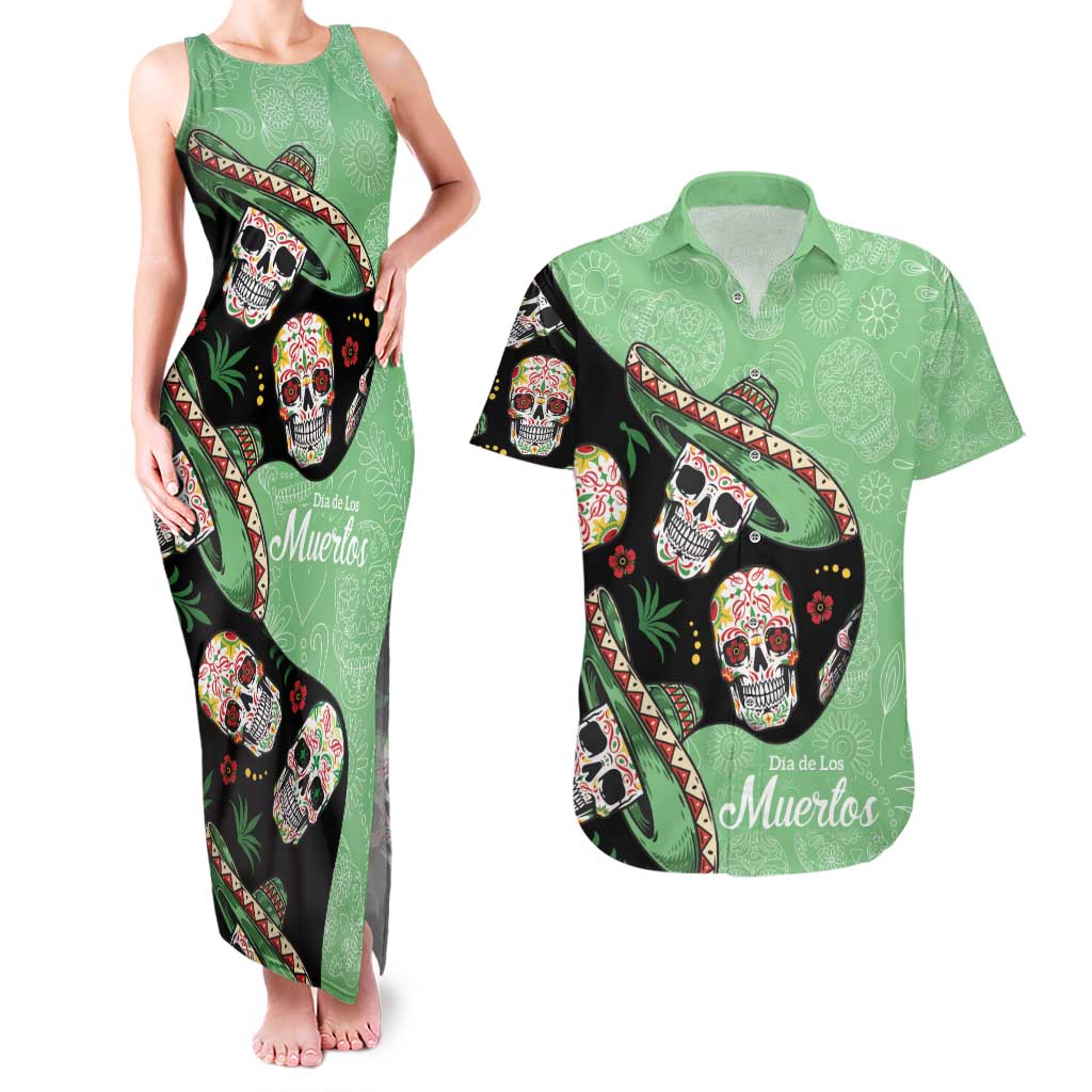 Mexican Sugar Skull Personalized Couples Matching Tank Maxi Dress and Hawaiian Shirt Dia de Los Muertos Vibe LT9 - Wonder Print Shop