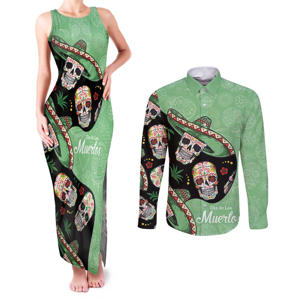 Mexican Sugar Skull Personalized Couples Matching Tank Maxi Dress and Long Sleeve Button Shirt Dia de Los Muertos Vibe LT9 - Wonder Print Shop