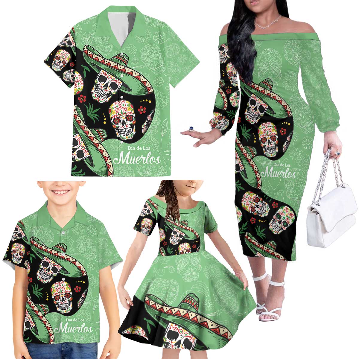 Mexican Sugar Skull Personalized Family Matching Off The Shoulder Long Sleeve Dress and Hawaiian Shirt Dia de Los Muertos Vibe - Wonder Print Shop