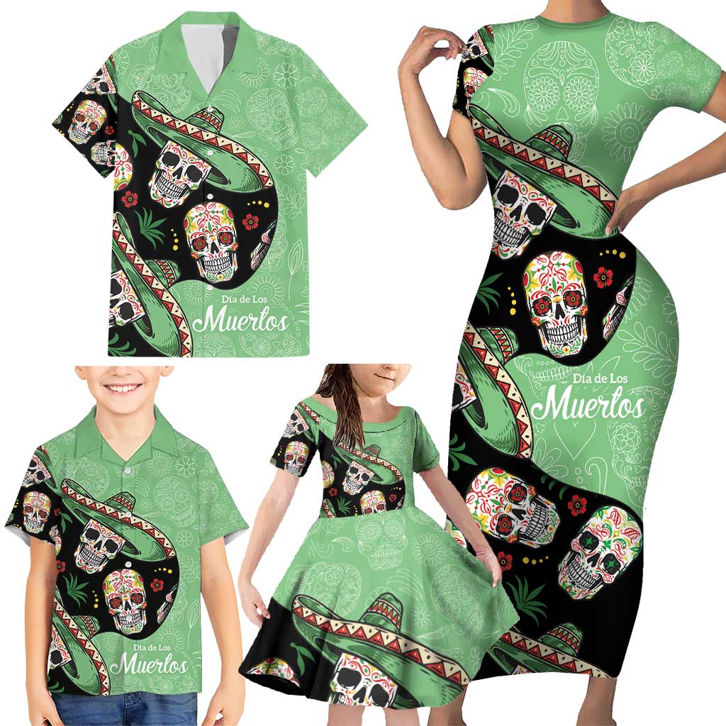 Mexican Sugar Skull Personalized Family Matching Short Sleeve Bodycon Dress and Hawaiian Shirt Dia de Los Muertos Vibe - Wonder Print Shop