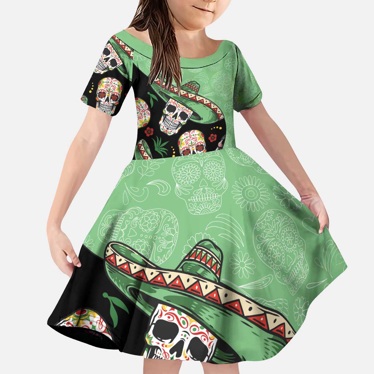 Mexican Sugar Skull Personalized Kid Short Sleeve Dress Dia de Los Muertos Vibe - Wonder Print Shop