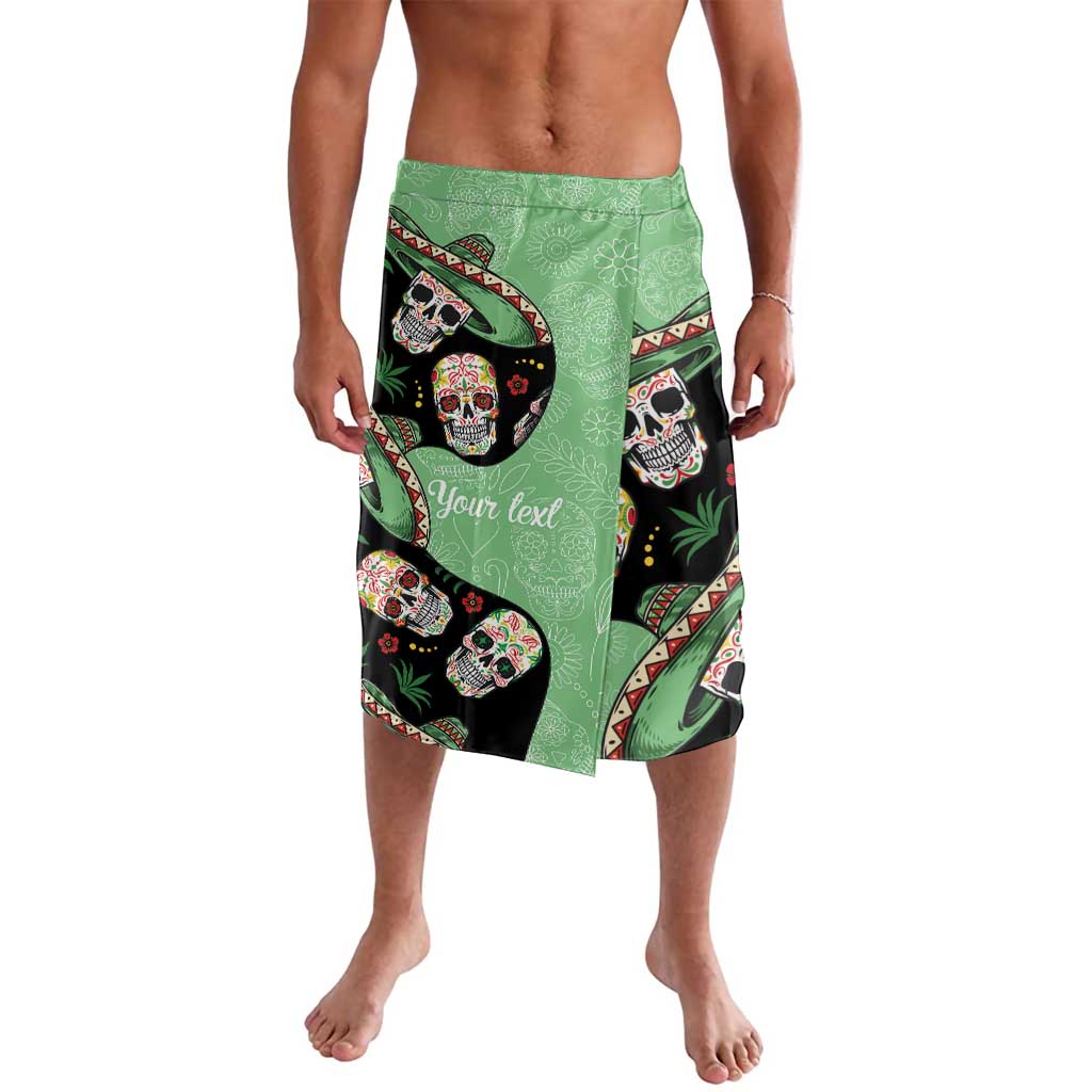 Green knee-length shorts with sugar skull graphics and 'Your text' panel, elastic waist