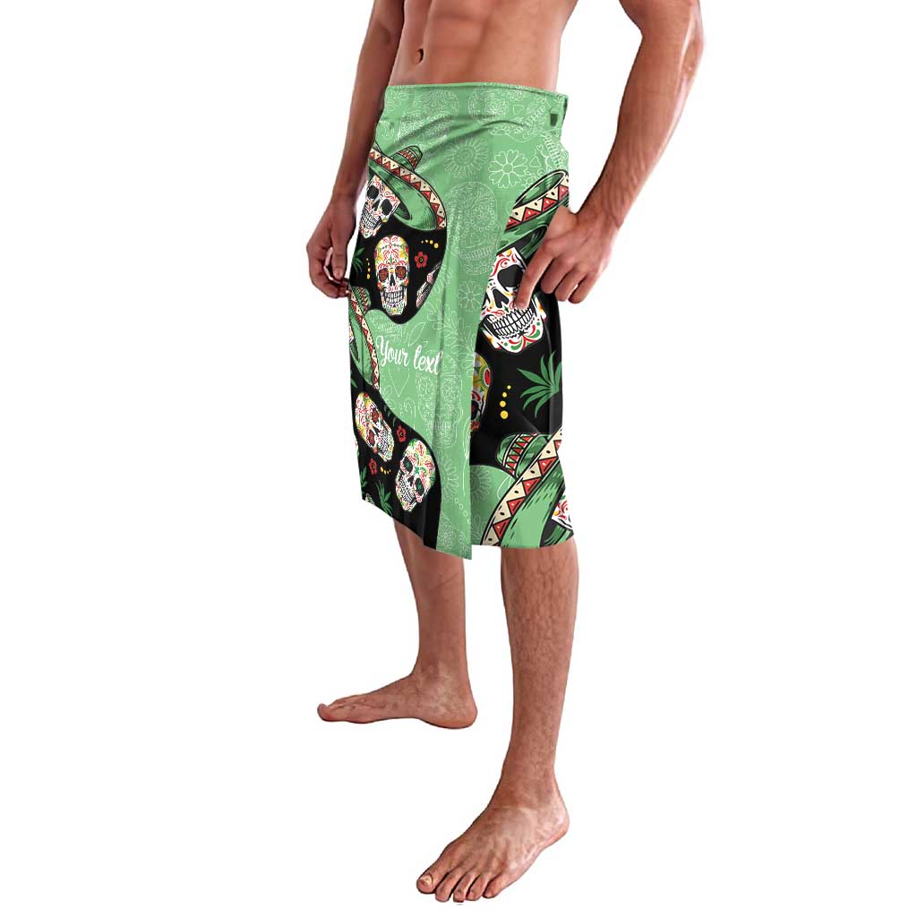 Green knee-length shorts with sugar skull and sombrero print, elastic waistband