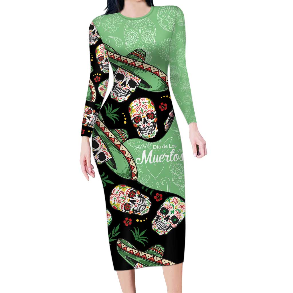 Mexican Sugar Skull Personalized Long Sleeve Bodycon Dress Dia de Los Muertos Vibe - Wonder Print Shop