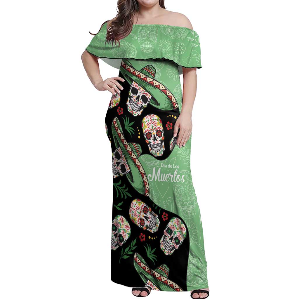 Mexican Sugar Skull Personalized Off Shoulder Maxi Dress Dia de Los Muertos Vibe - Wonder Print Shop