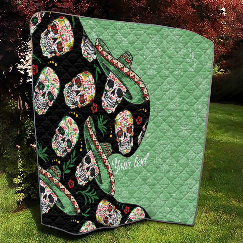 Green and black sugar skull quilt with curved ribbon band motif and quilted diamond stitching