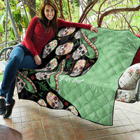 Green and black sugar skull quilt with 'Your text' across the center, quilted diamond texture