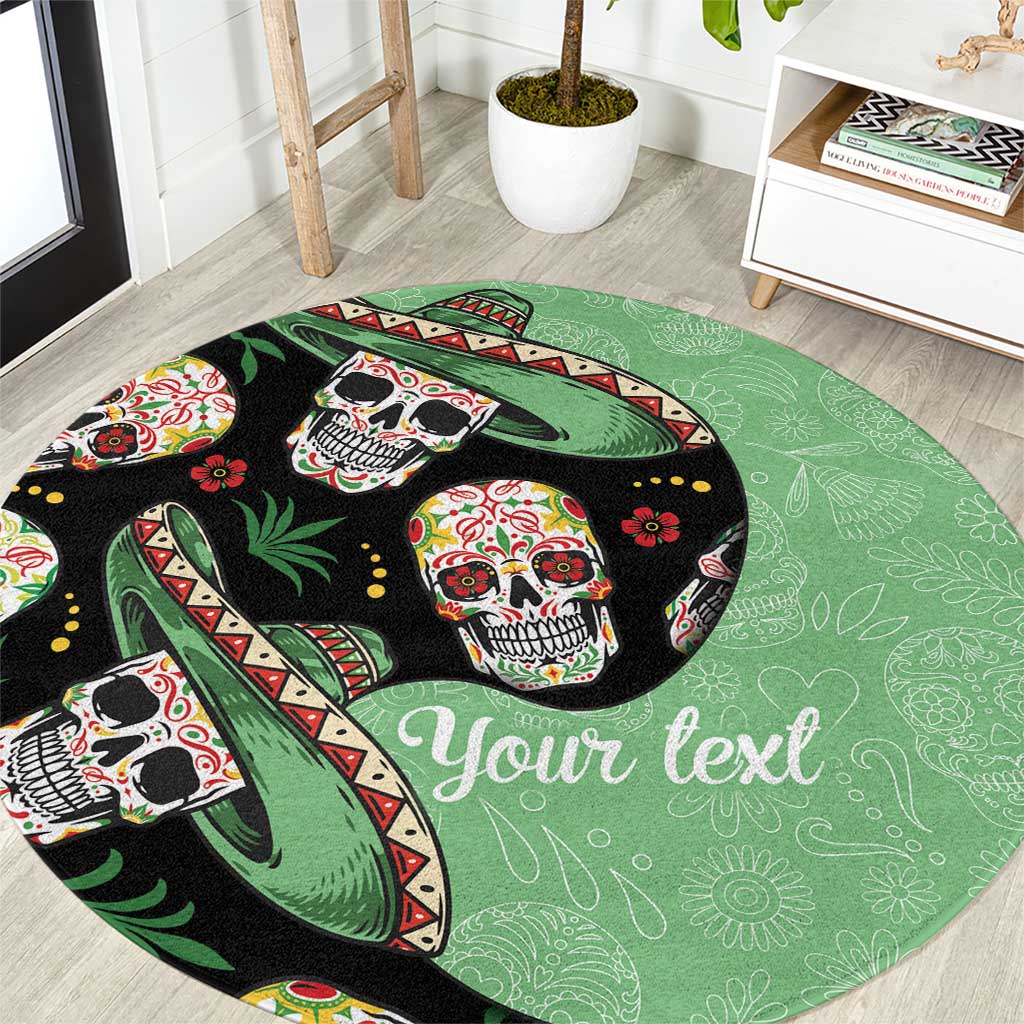 Round green carpet with black skull faces, cactus accents, and "Your text"