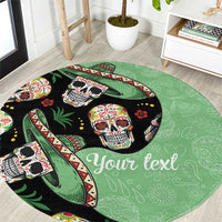 Round green carpet with black skull faces, cactus accents, and "Your text"