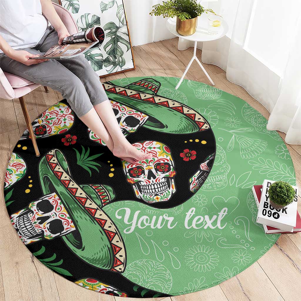 Round green carpet with black skull faces and "Your text" scripted print
