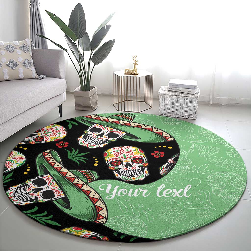 Round green carpet with black skull faces, red flowers, and "Your text" script