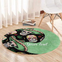 Round green carpet with black skull and cactus print, "Your text" script