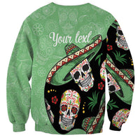 Green crewneck sweatshirt with skull sombrero print and 'Your text' personalization