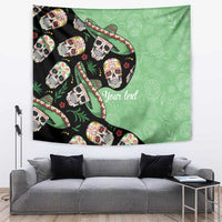 Green and black sugar skull tapestry with 'Your text' and sombrero motif