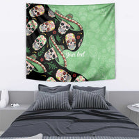 Green and black sugar skull tapestry featuring 'Your text' on the design