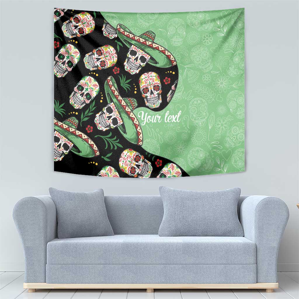 Green sugar skull tapestry with black accents and 'Your text' centerpiece
