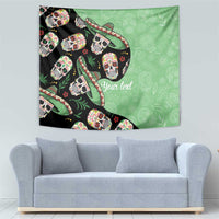 Green sugar skull tapestry with black accents and 'Your text' centerpiece