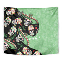 Close-up green sugar skull tapestry with sombrero motif and 'Your text'