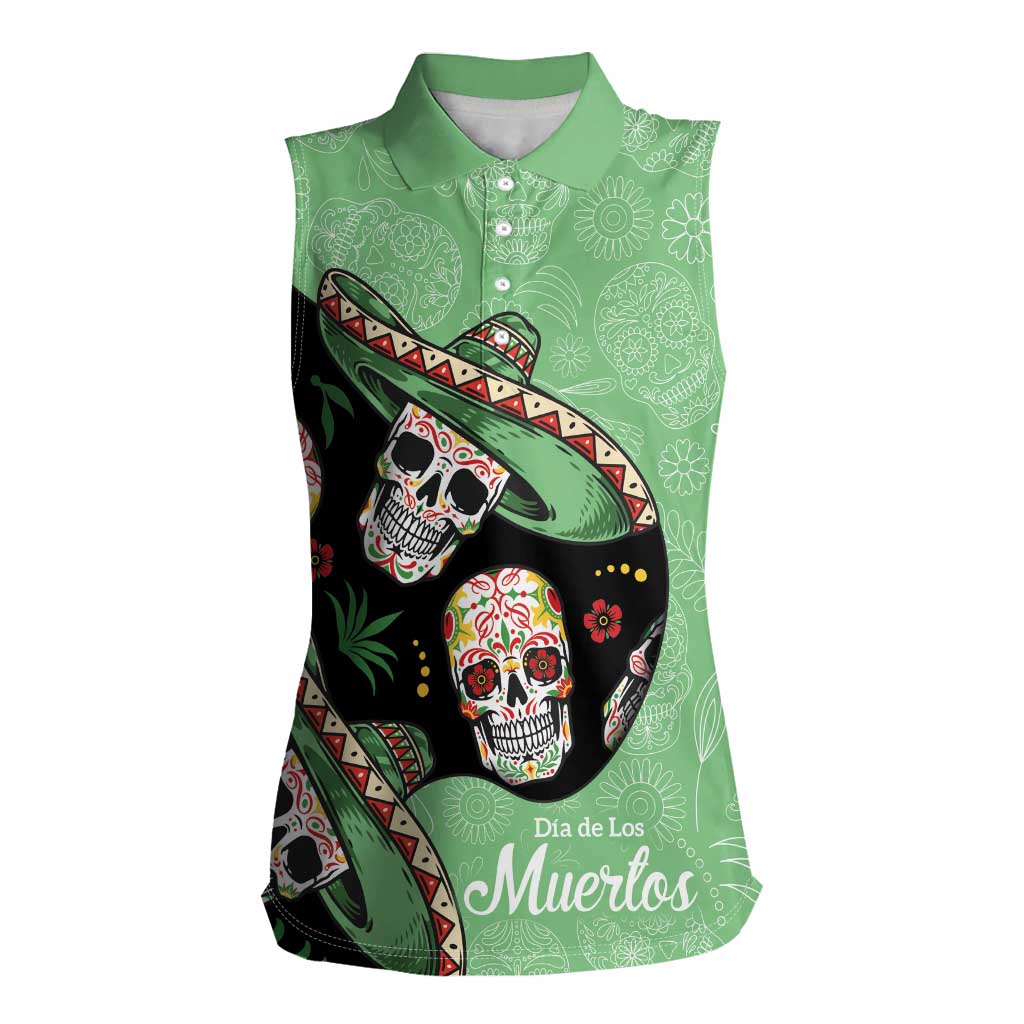 Mexican Sugar Skull Personalized Women Sleeveless Polo Shirt Dia de Los Muertos Vibe