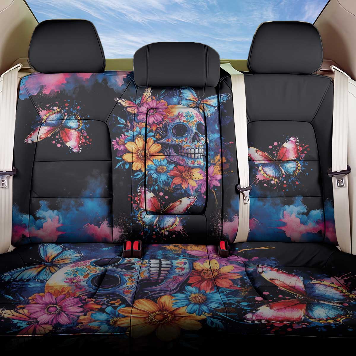 Mexican La Calaca and Butterfly Back Car Seat Cover Skull Day Of The Dead