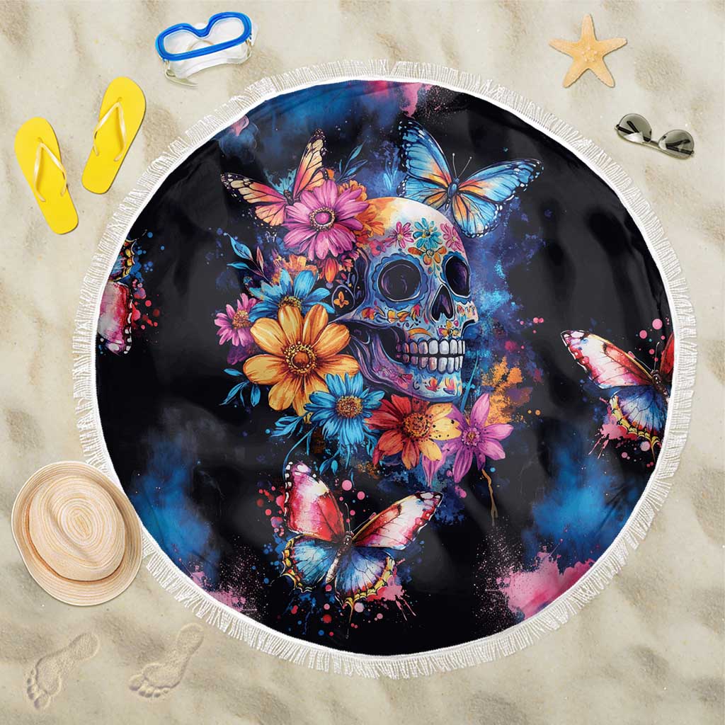 Black round beach blanket: Day of the Dead skull, flowers, butterflies, white fringe