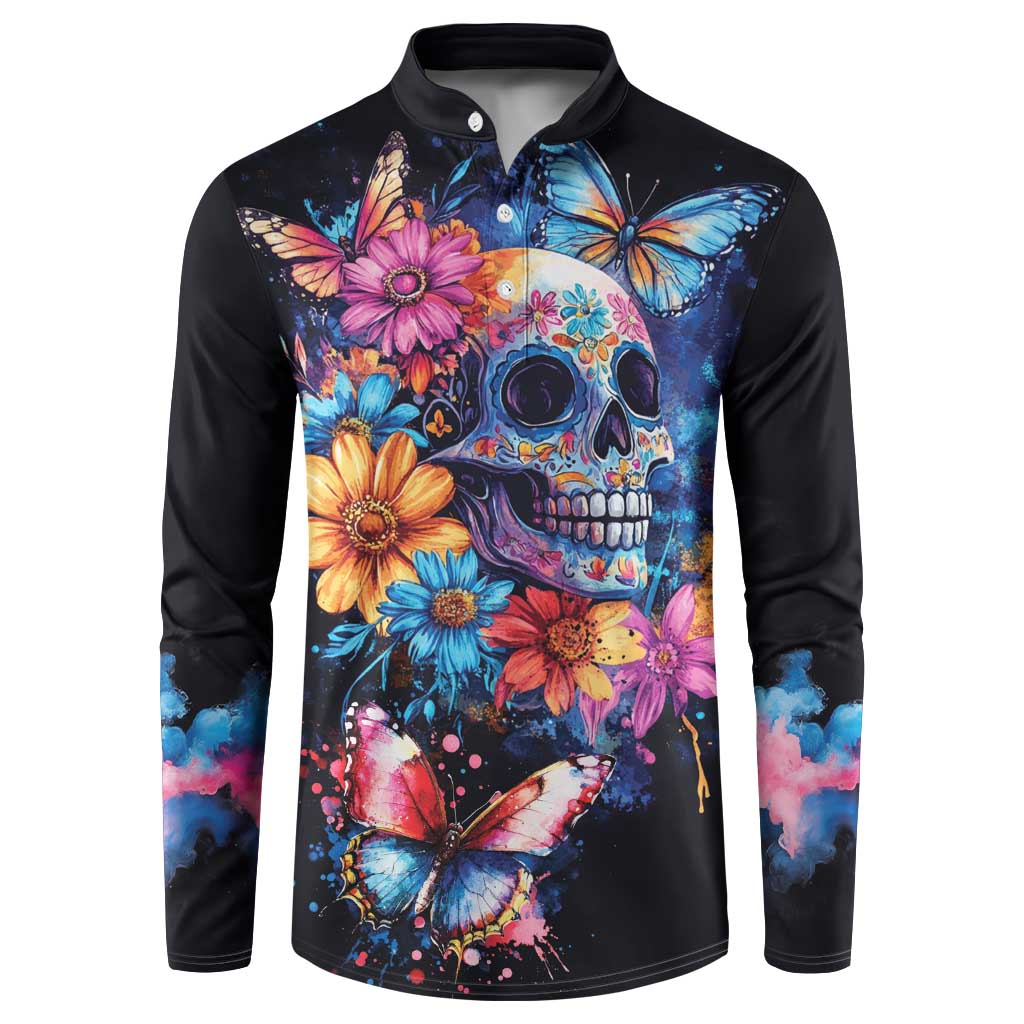 Black long-sleeve henley sweatshirt with skull, butterflies, and colorful floral print