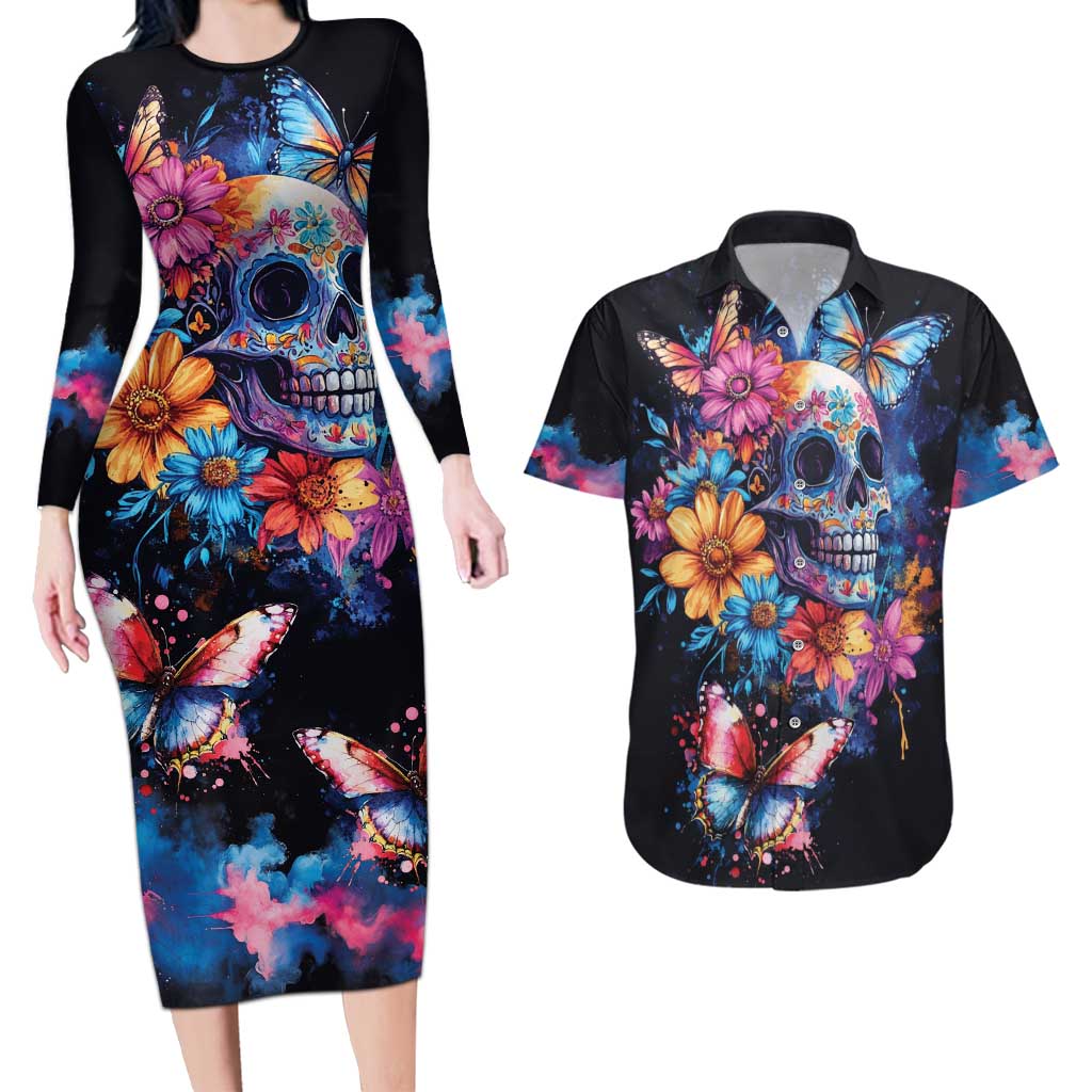 Mexican La Calaca and Butterfly Couples Matching Long Sleeve Bodycon Dress and Hawaiian Shirt Skull Day Of The Dead