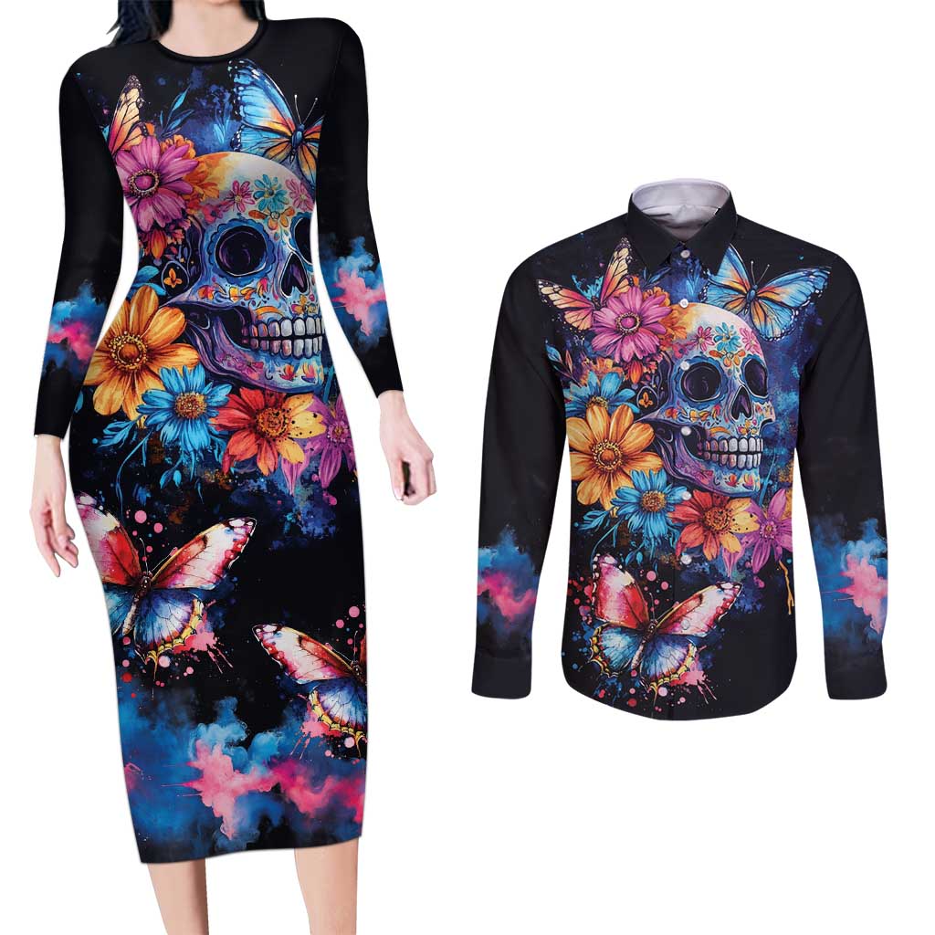 Mexican La Calaca and Butterfly Couples Matching Long Sleeve Bodycon Dress and Long Sleeve Button Shirt Skull Day Of The Dead