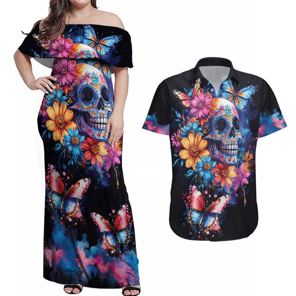 Mexican La Calaca and Butterfly Couples Matching Off Shoulder Maxi Dress and Hawaiian Shirt Skull Day Of The Dead