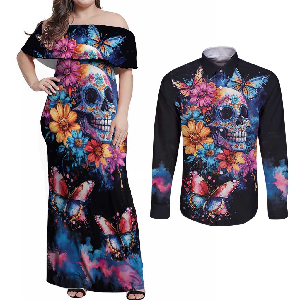 Mexican La Calaca and Butterfly Couples Matching Off Shoulder Maxi Dress and Long Sleeve Button Shirt Skull Day Of The Dead