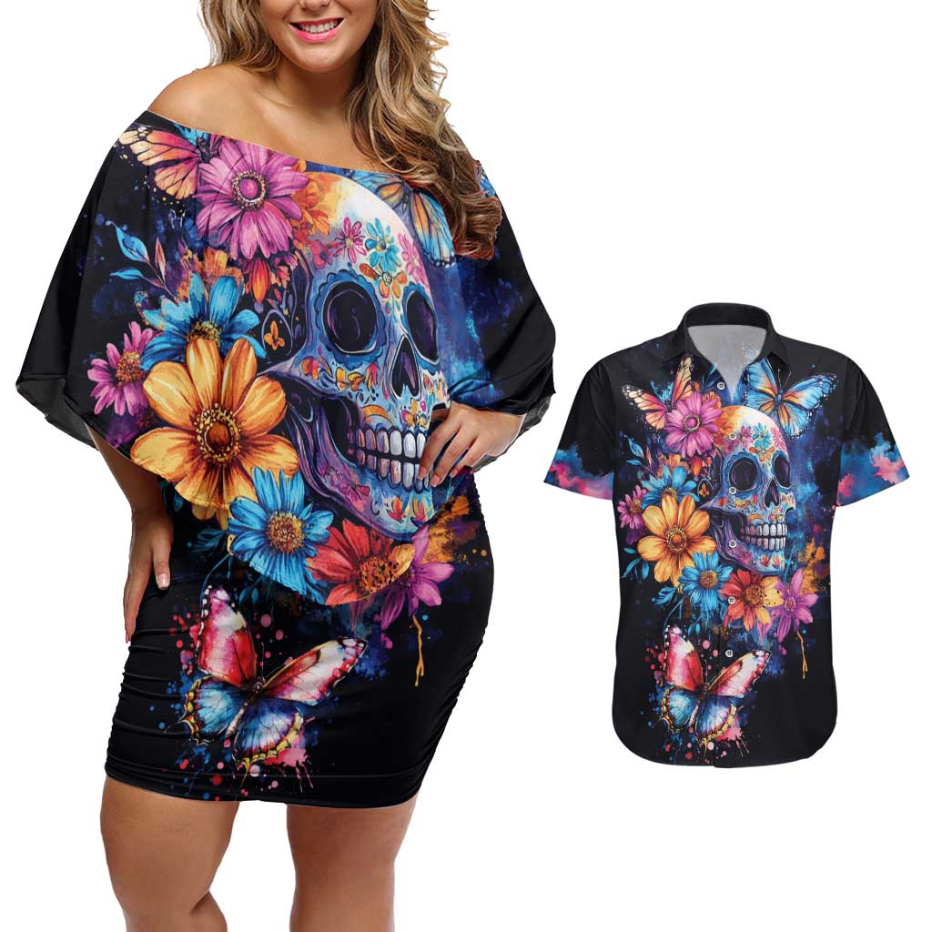 Mexican La Calaca and Butterfly Couples Matching Off Shoulder Short Dress and Hawaiian Shirt Skull Day Of The Dead