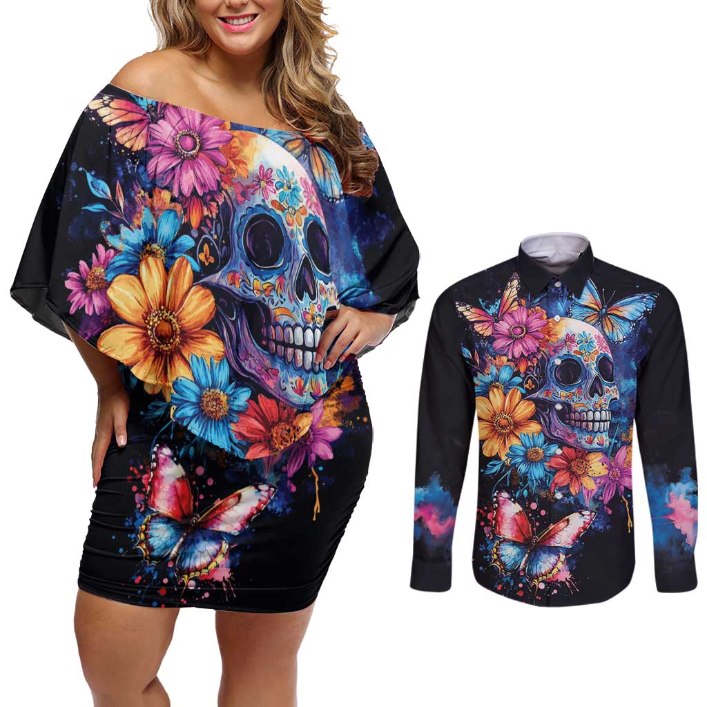 Mexican La Calaca and Butterfly Couples Matching Off Shoulder Short Dress and Long Sleeve Button Shirt Skull Day Of The Dead