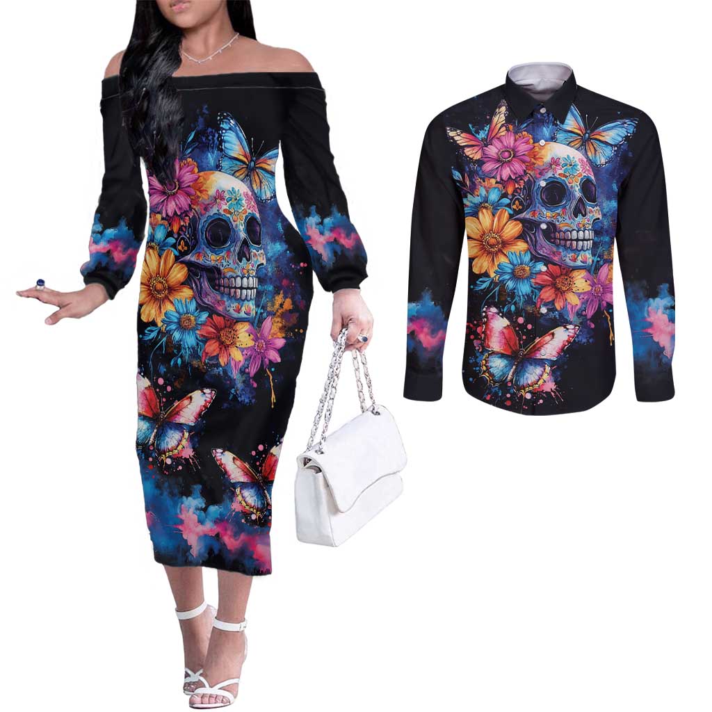 Mexican La Calaca and Butterfly Couples Matching Off The Shoulder Long Sleeve Dress and Long Sleeve Button Shirt Skull Day Of The Dead