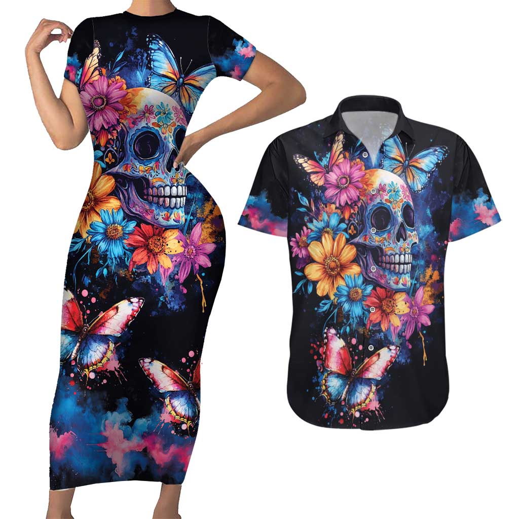 Mexican La Calaca and Butterfly Couples Matching Short Sleeve Bodycon Dress and Hawaiian Shirt Skull Day Of The Dead