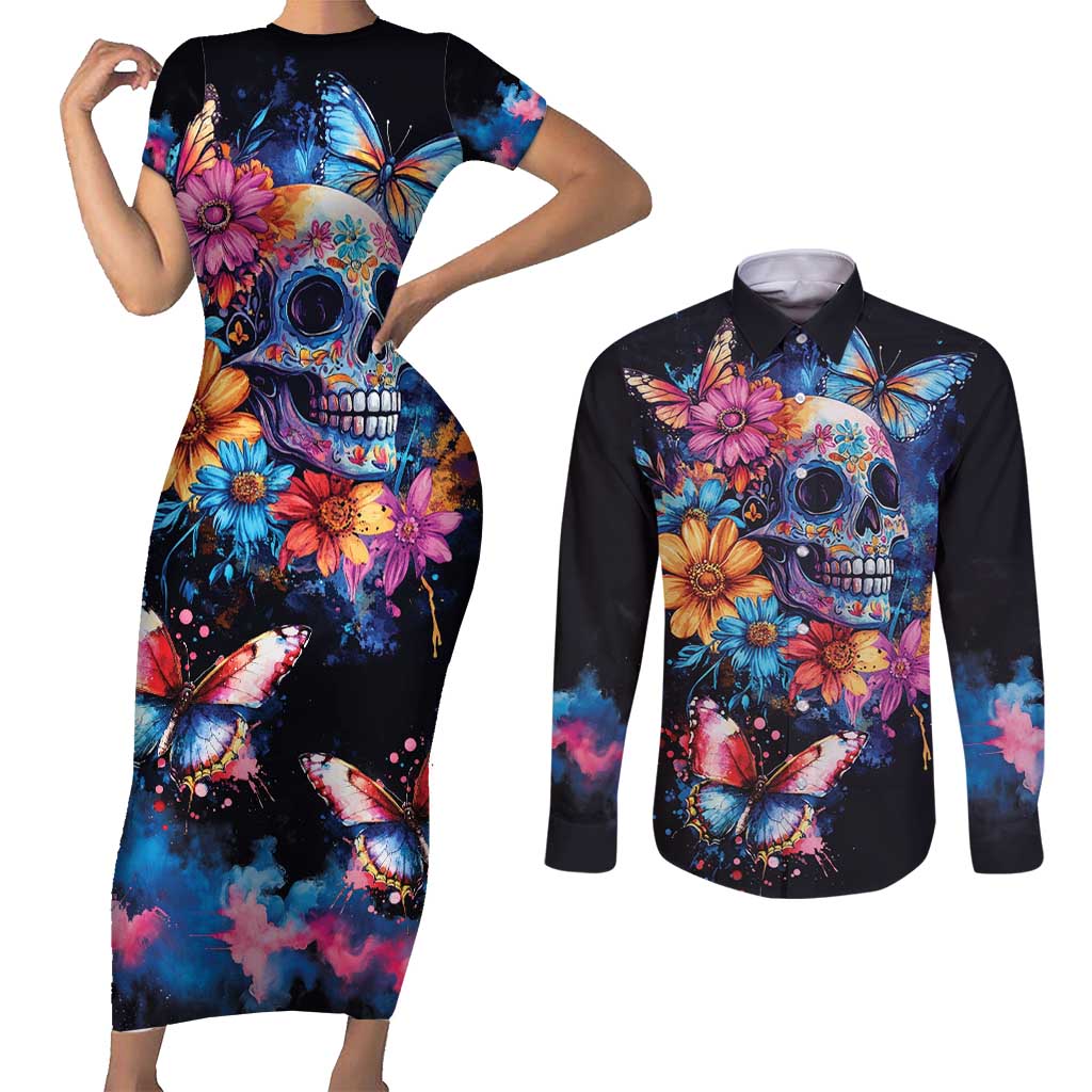 Mexican La Calaca and Butterfly Couples Matching Short Sleeve Bodycon Dress and Long Sleeve Button Shirt Skull Day Of The Dead