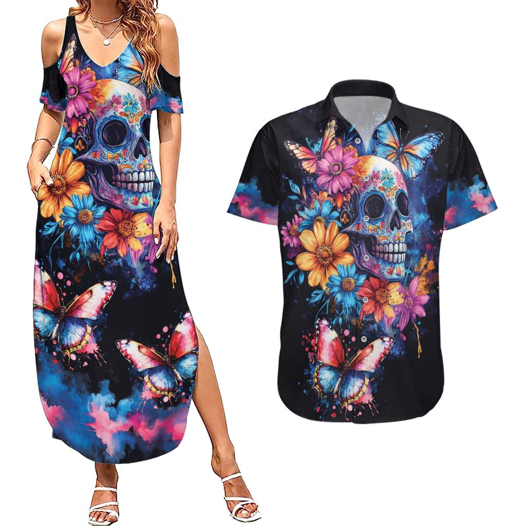 Mexican La Calaca and Butterfly Couples Matching Summer Maxi Dress and Hawaiian Shirt Skull Day Of The Dead