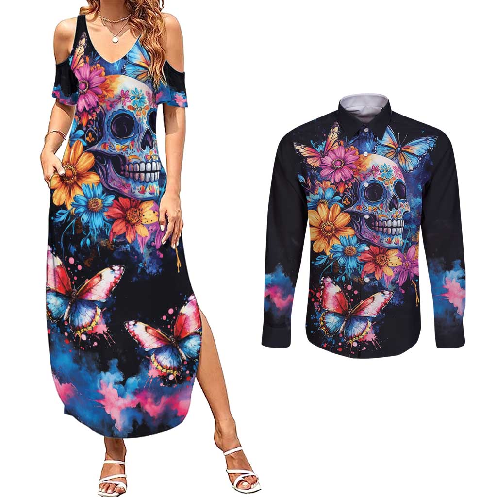 Mexican La Calaca and Butterfly Couples Matching Summer Maxi Dress and Long Sleeve Button Shirt Skull Day Of The Dead