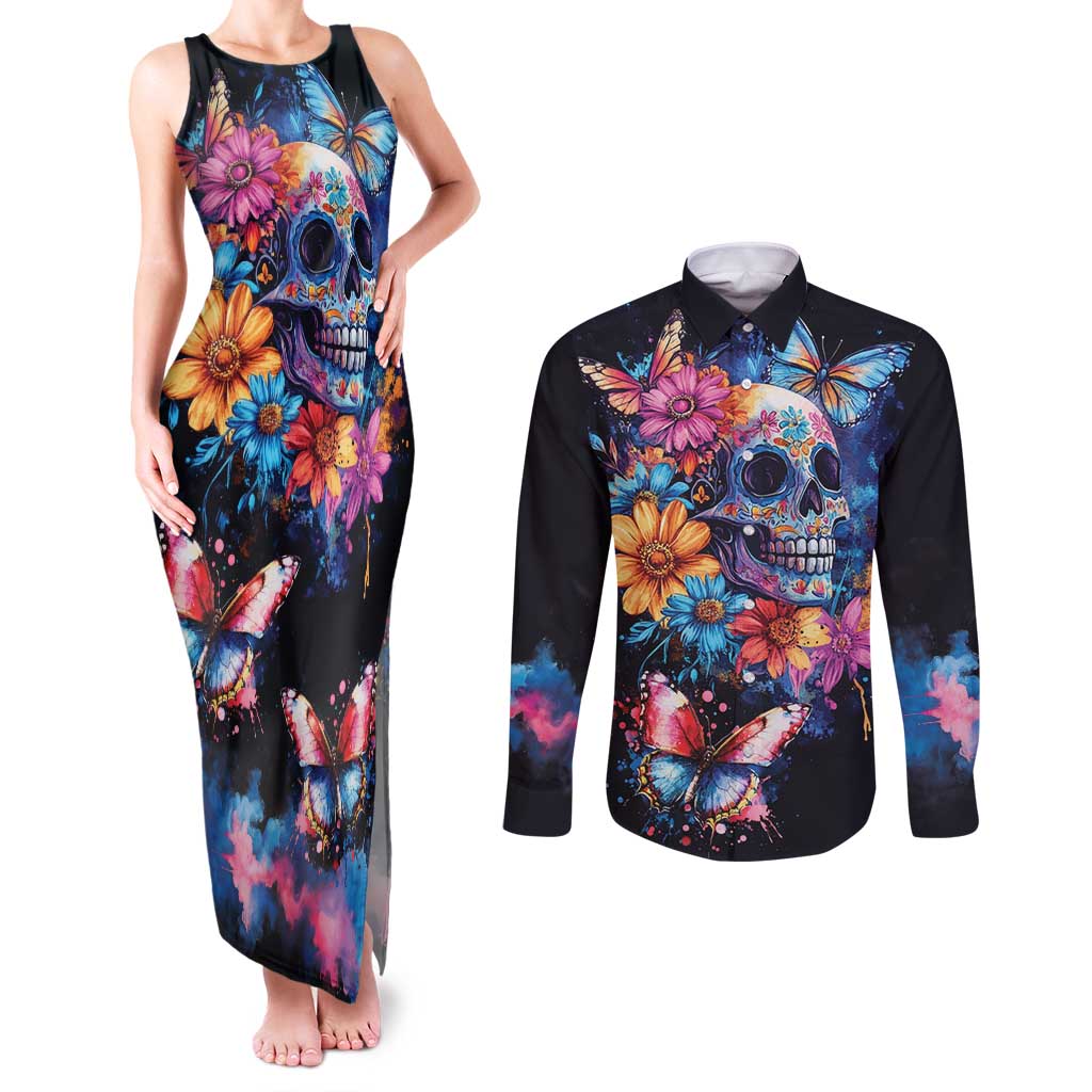 Mexican La Calaca and Butterfly Couples Matching Tank Maxi Dress and Long Sleeve Button Shirt Skull Day Of The Dead