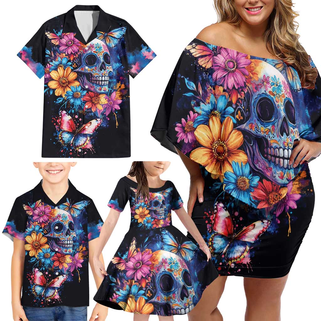 Mexican La Calaca and Butterfly Family Matching Off Shoulder Short Dress and Hawaiian Shirt Skull Day Of The Dead