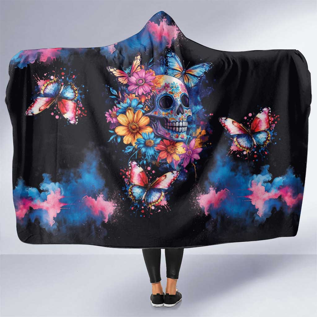 Mexican La Calaca and Butterfly Hooded Blanket Skull Day Of The Dead