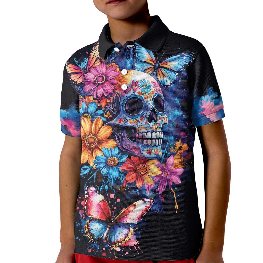 Mexican La Calaca and Butterfly Kid Polo Shirt Skull Day Of The Dead