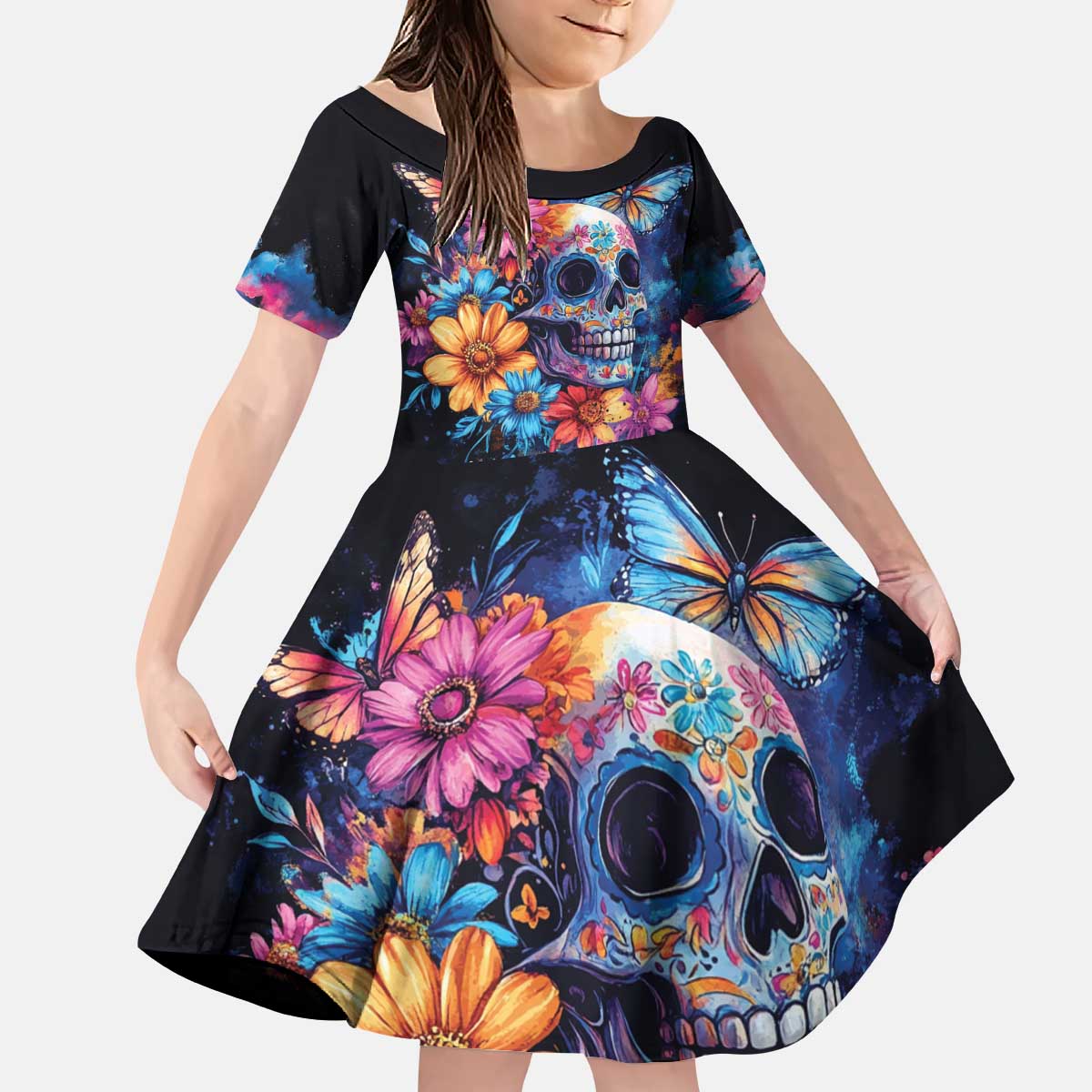 Mexican La Calaca and Butterfly Kid Short Sleeve Dress Skull Day Of The Dead