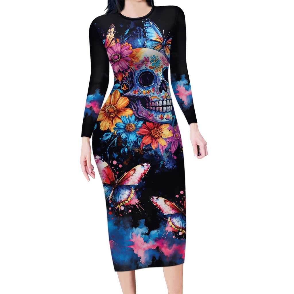 Mexican La Calaca and Butterfly Long Sleeve Bodycon Dress Skull Day Of The Dead