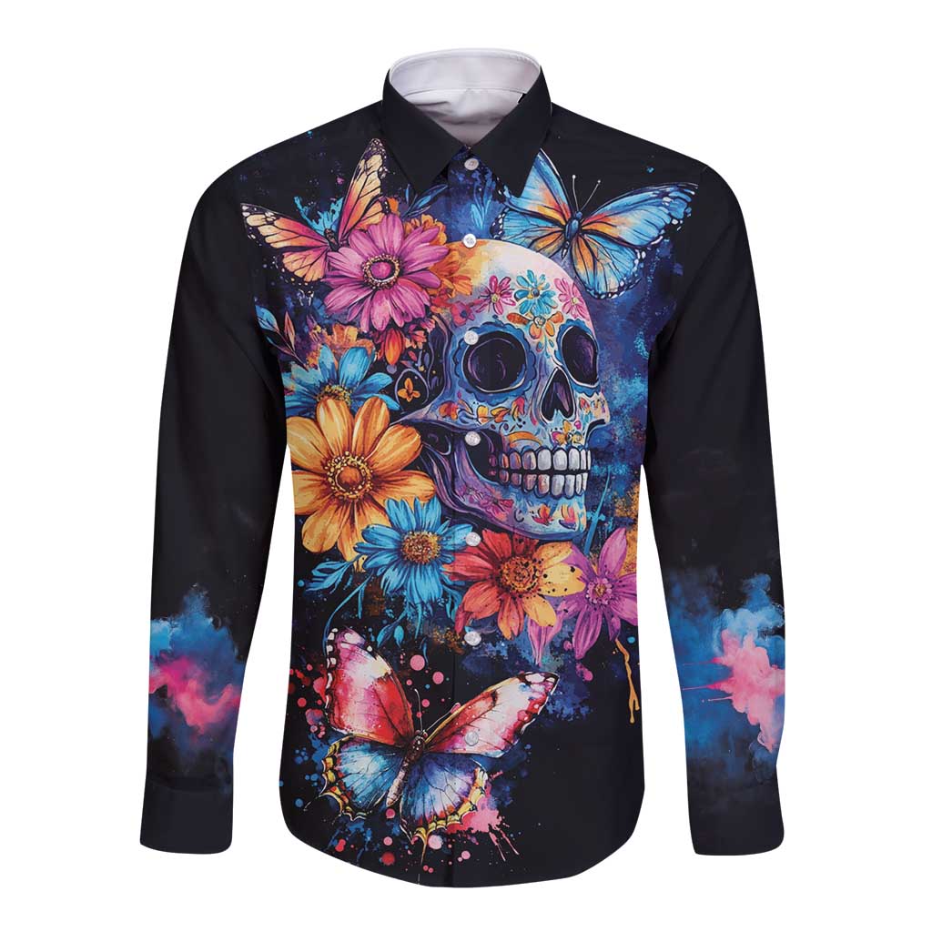 Mexican La Calaca and Butterfly Long Sleeve Button Shirt Skull Day Of The Dead