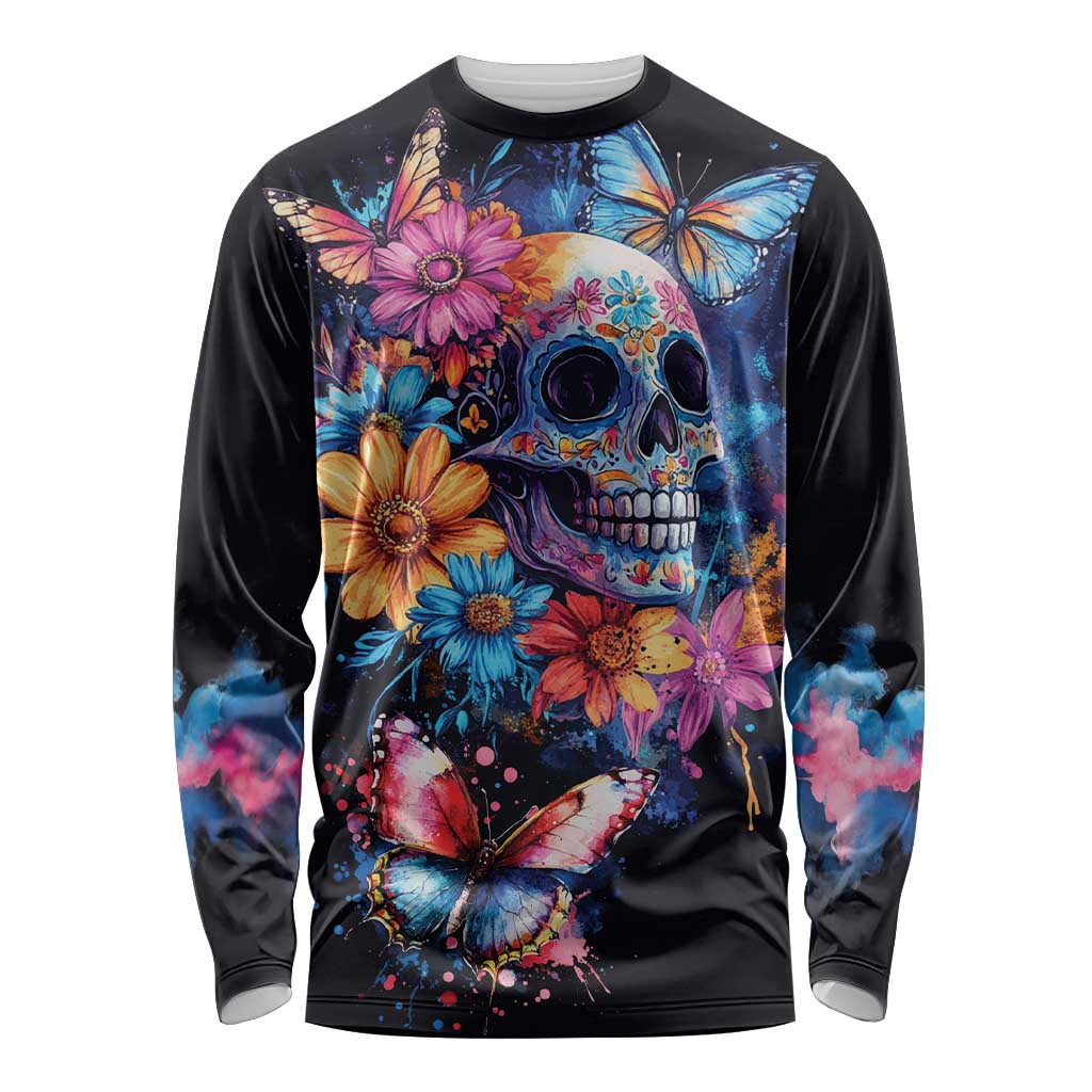 Mexican La Calaca and Butterfly Long Sleeve Shirt Skull Day Of The Dead