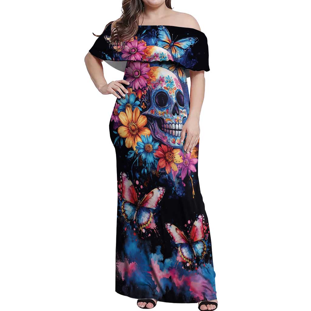 Mexican La Calaca and Butterfly Off Shoulder Maxi Dress Skull Day Of The Dead