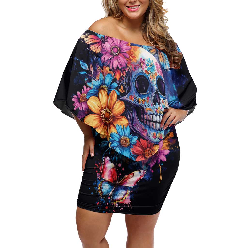 Mexican La Calaca and Butterfly Off Shoulder Short Dress Skull Day Of The Dead