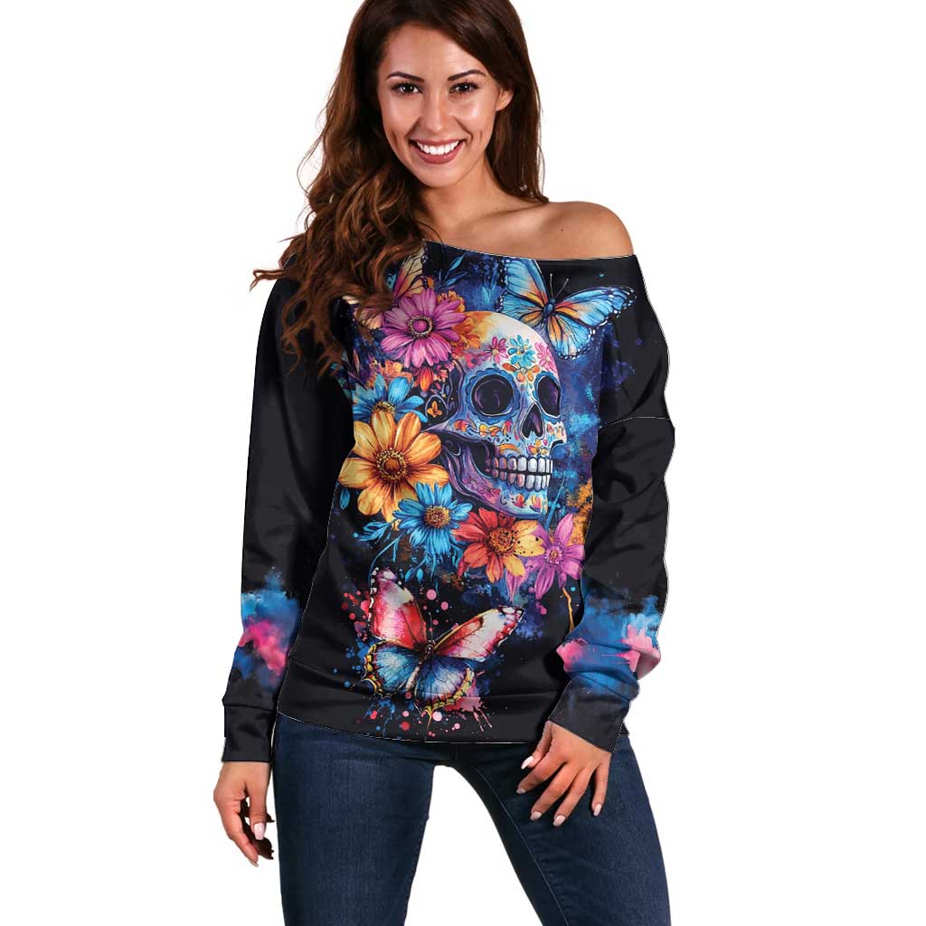 Mexican La Calaca and Butterfly Off Shoulder Sweater Skull Day Of The Dead