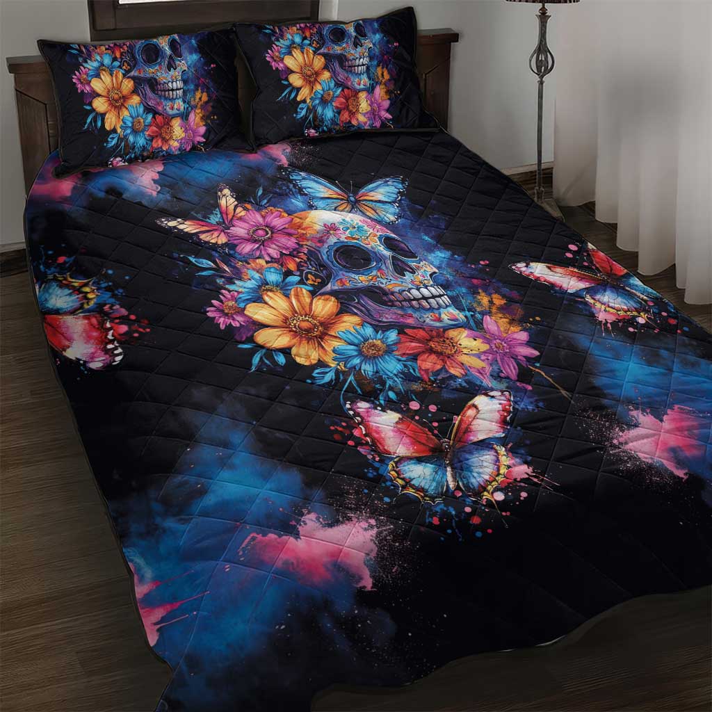 Mexican La Calaca and Butterfly Quilt Bed Set Skull Day Of The Dead